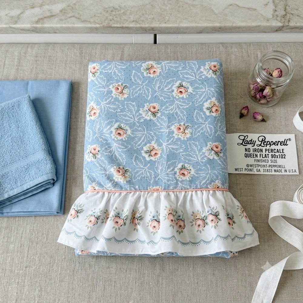 Lady Pepperell Vintage Blue Floral Ruffled Queen Flat Sheet No Iron Percale USA